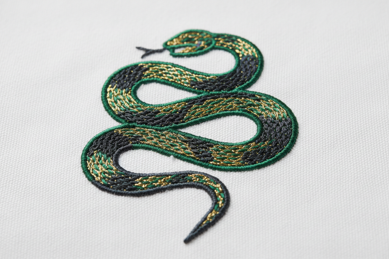 Serpentine Print logo embroidered on white material